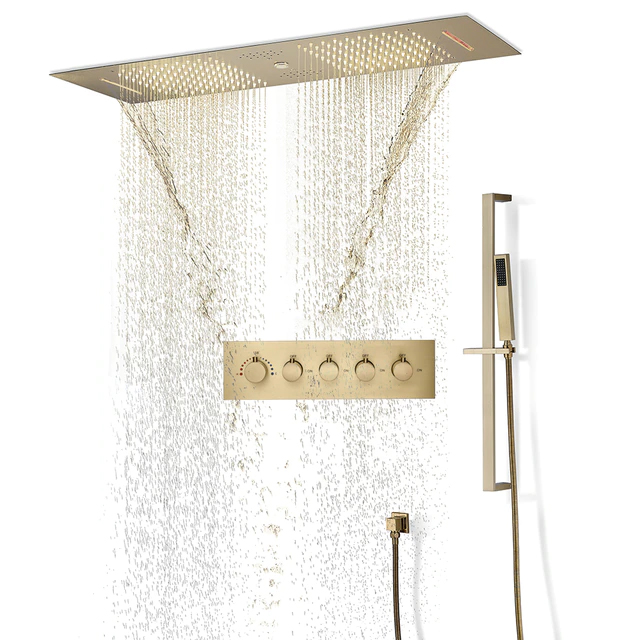 Fontana Dijon Remote Controlled Brushed Gold Thermostatic Recessed Ceiling Mount Musical LED Rainfall Shower Head System with Hand Shower